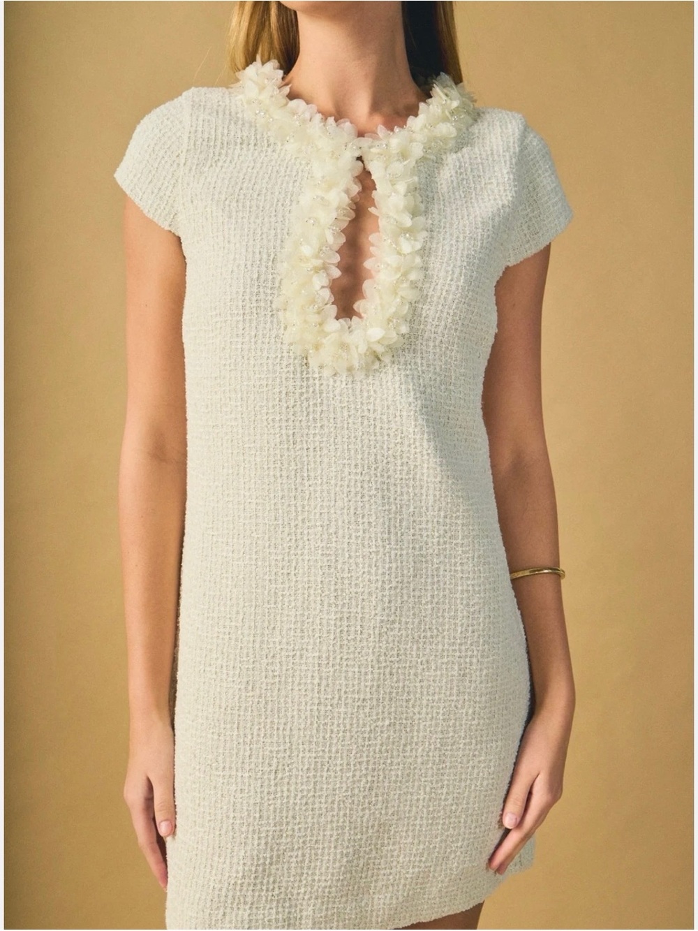 Cream Tweed Shift Dress with Floral Detail